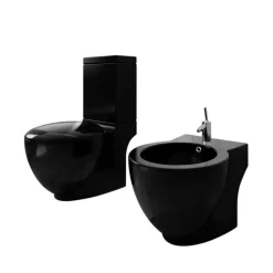 Plomberie-vidaXL Ensemble de toilette et bidet sur pied Noir Céramique