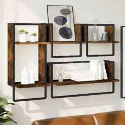 Étagères-vidaXL Ensemble d'étagères murales avec barres 4 pcs chêne fumé Ch&ecirc;ne fumé
