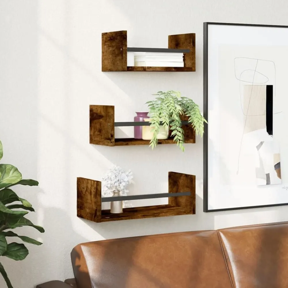 Étagères-vidaXL Ensemble d'étagères murales avec barres 3 pcs chêne fumé Chêne fumé
