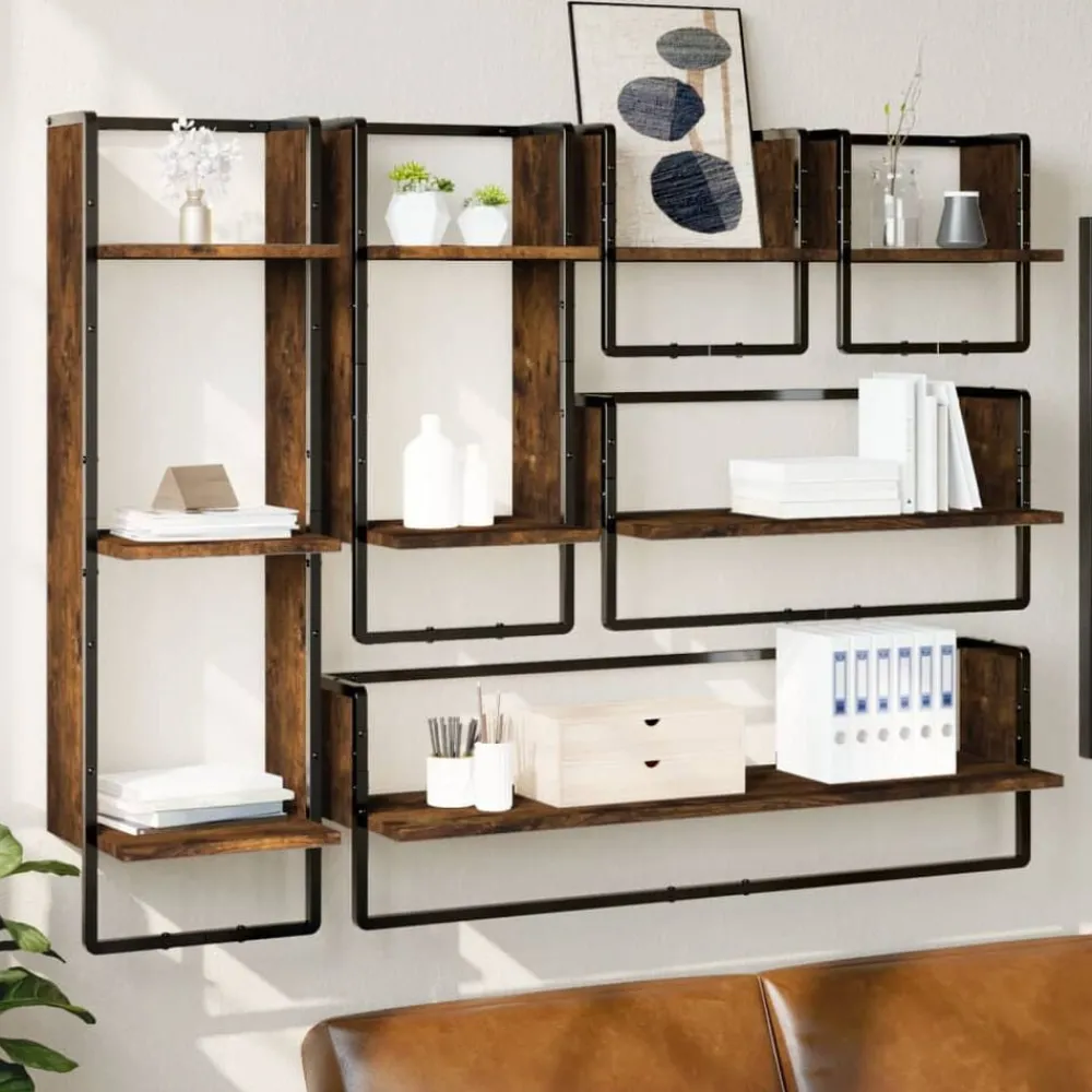 vidaXL Ensemble d'étagères murales avec barres 6 pcs chêne fumé