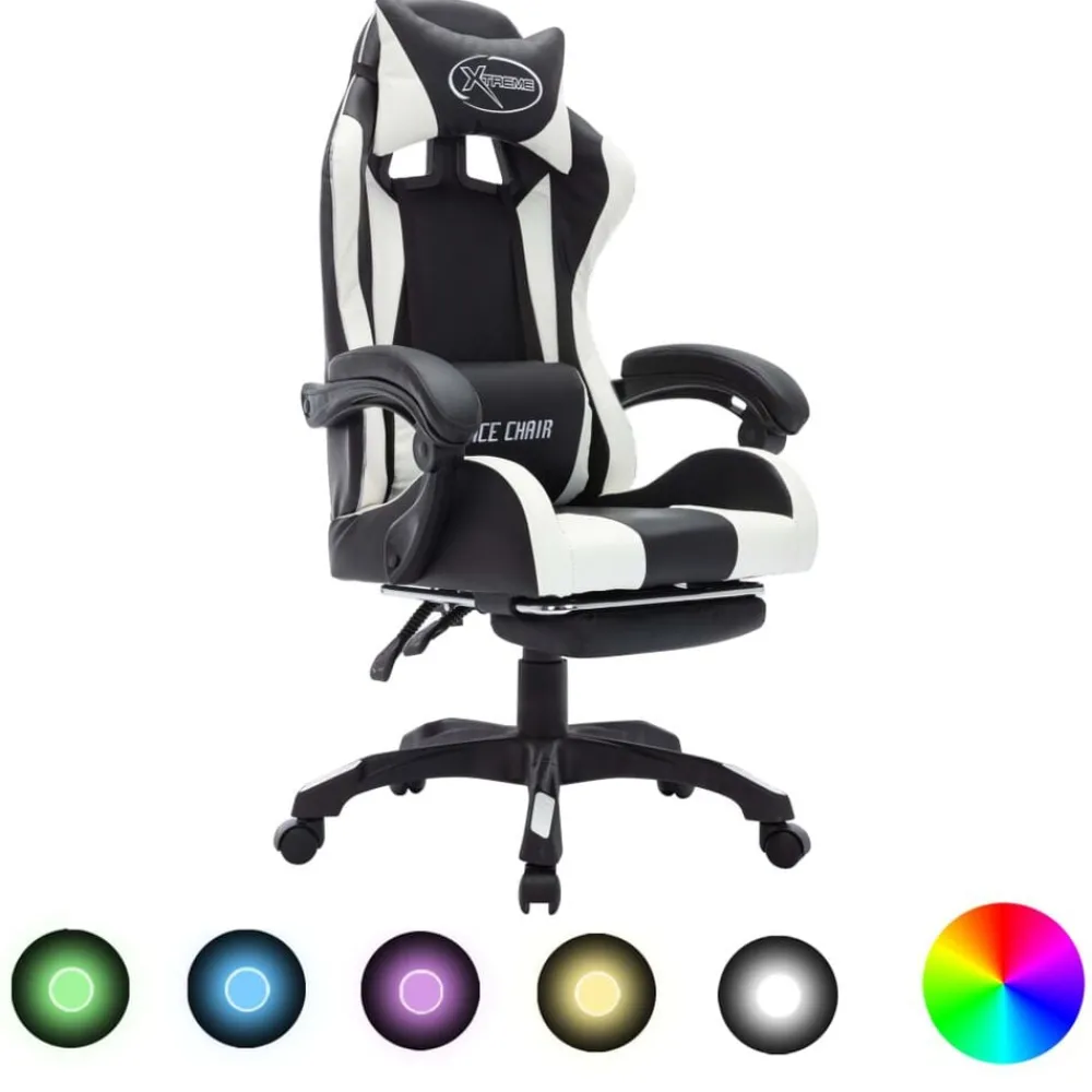 Meubles De Bureau-vidaXL Fauteuil de jeux vidéo avec LED RVB Similicuir Blanc et noir