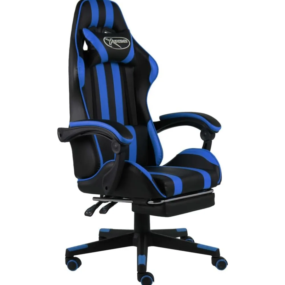 Meubles De Bureau-vidaXL Fauteuil de jeux vidéo avec repose-pied Noir et Similicuir Bleu