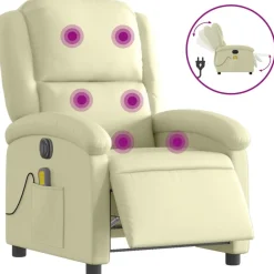 vidaXL Fauteuil de massage inclinable électrique crème cuir véritable