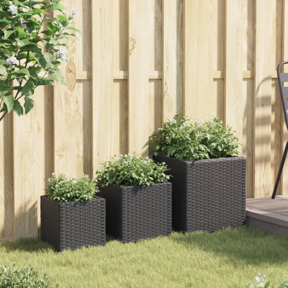 Pelouses & Jardins-vidaXL Jardinières d'extérieur 3 pcs résine tressée Noir