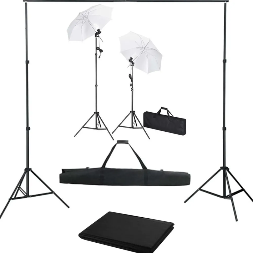 Appareils Photo-vidaXL Kit de studio photo avec toile de fond lampes et parapluies Noir