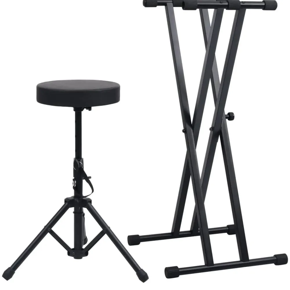 vidaXL Kit de support de clavier à empattement double et tabouret Noir