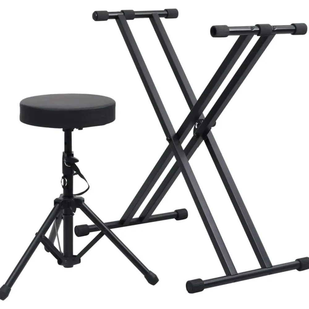 vidaXL Kit de support de clavier à empattement double et tabouret Noir