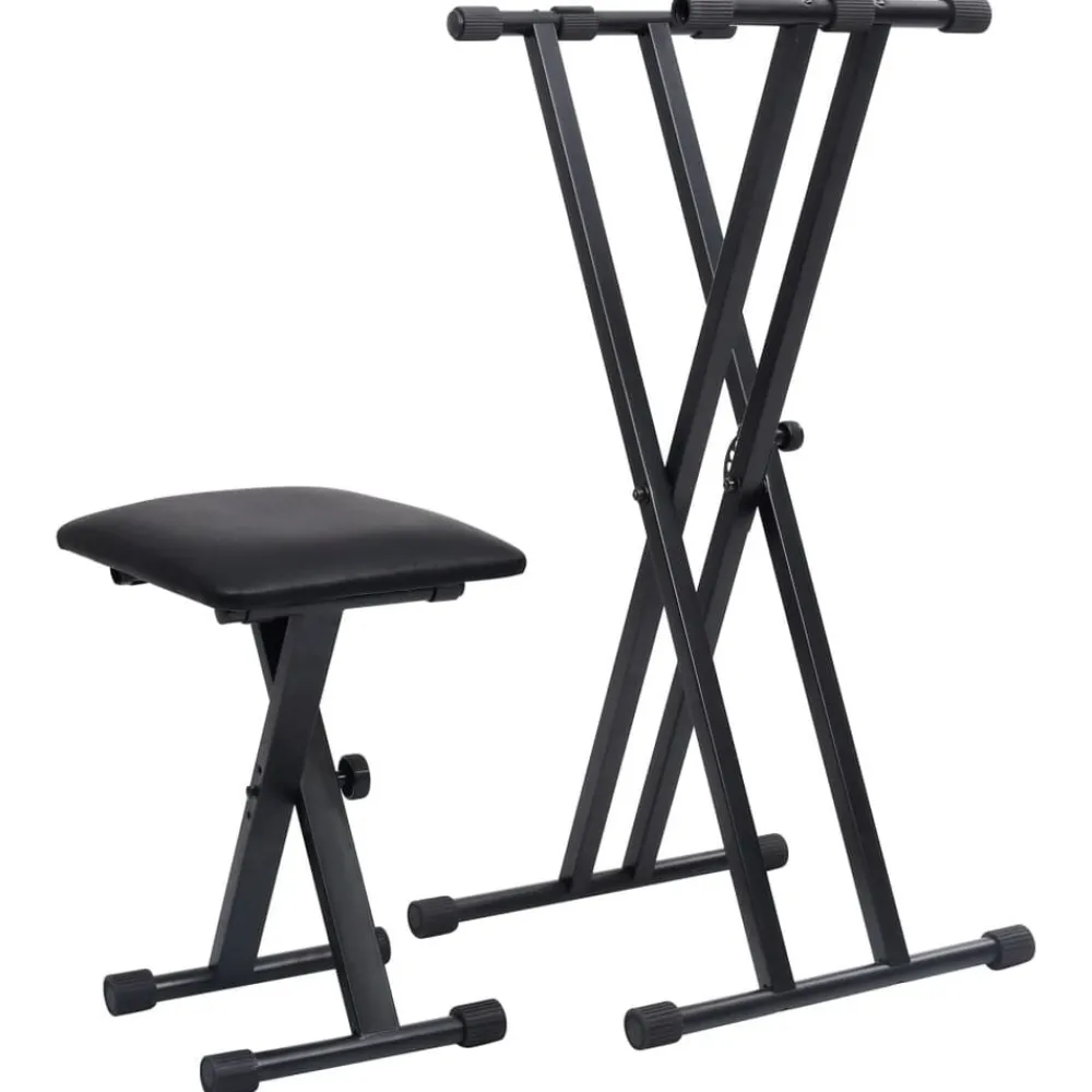 vidaXL Kit de support de clavier à empattement double et tabouret Noir