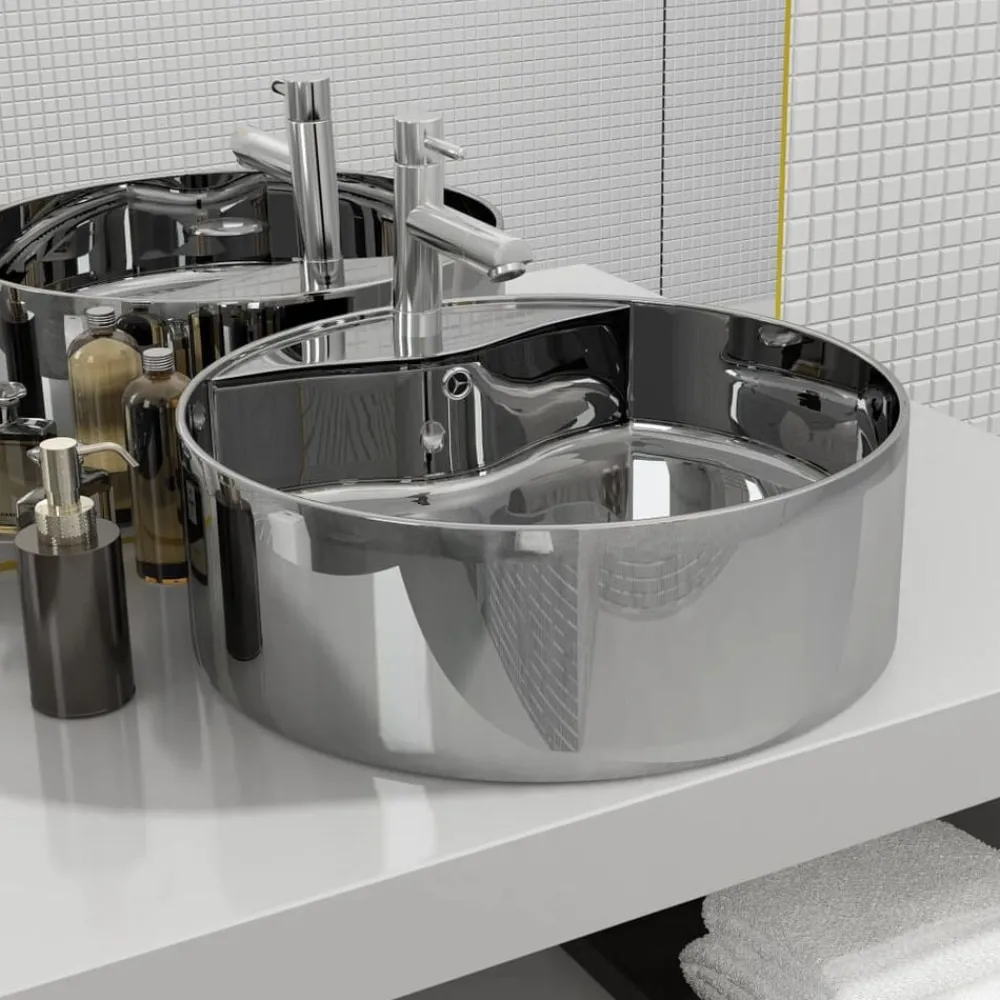 Plomberie-vidaXL Lavabo avec trop-plein 46,5 x 15,5 cm Céramique é Argent