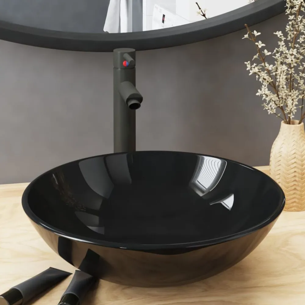 vidaXL Lavabo de bain avec robinet et drain à poussoir Verre trempé