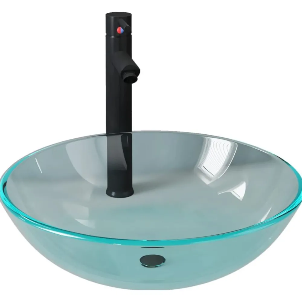 vidaXL Lavabo de bain avec robinet et drain à poussoir Verre trempé