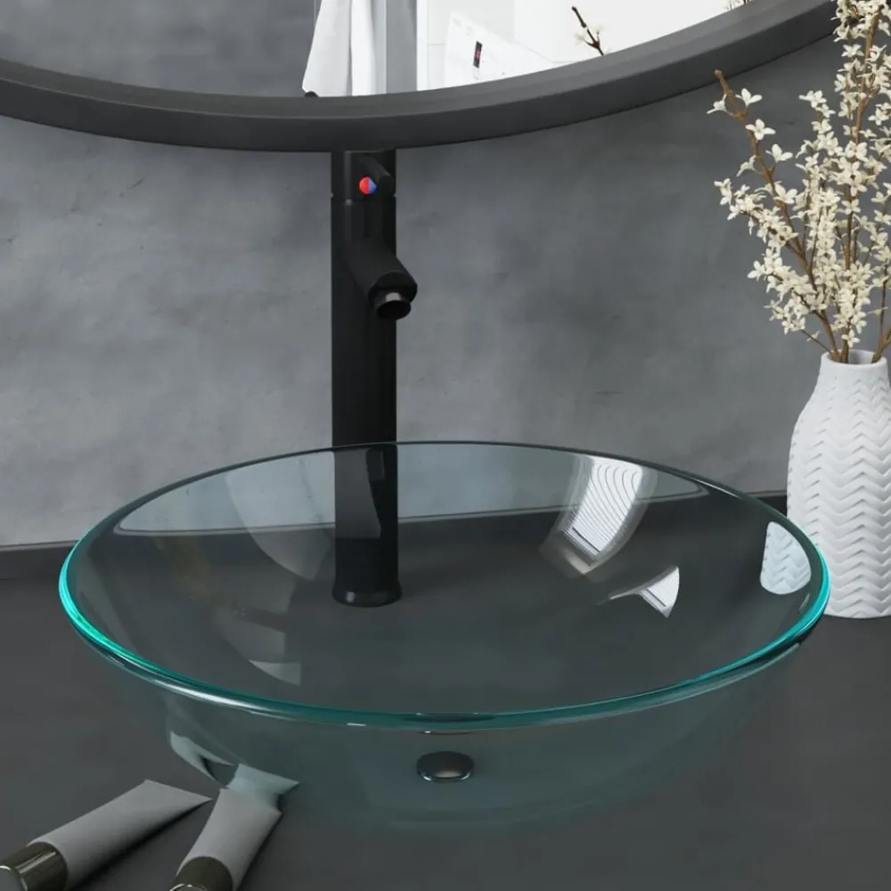 vidaXL Lavabo de bain avec robinet et drain à poussoir Verre trempé