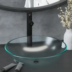 Plomberie-vidaXL Lavabo de bain avec robinet et drain à poussoir Verre trempé