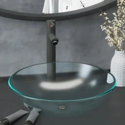 Plomberie-vidaXL Lavabo de bain avec robinet et drain à poussoir Verre trempé