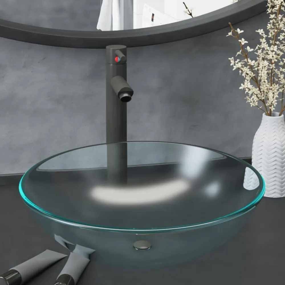 Plomberie-vidaXL Lavabo de bain avec robinet et drain à poussoir Verre trempé