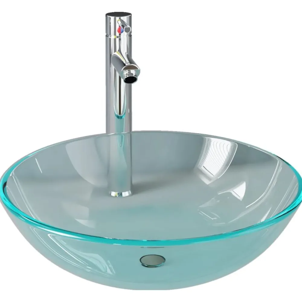 vidaXL Lavabo de bain avec robinet et drain à poussoir Verre trempé