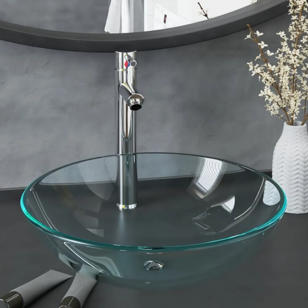 vidaXL Lavabo de bain avec robinet et drain à poussoir Verre trempé