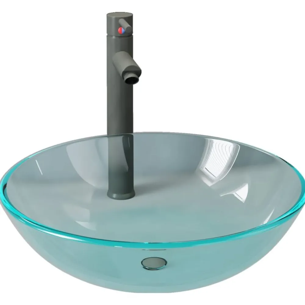 vidaXL Lavabo de bain avec robinet et drain à poussoir Verre trempé