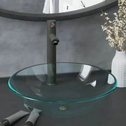 vidaXL Lavabo de bain avec robinet et drain à poussoir Verre trempé