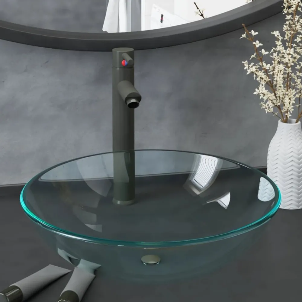 vidaXL Lavabo de bain avec robinet et drain à poussoir Verre trempé