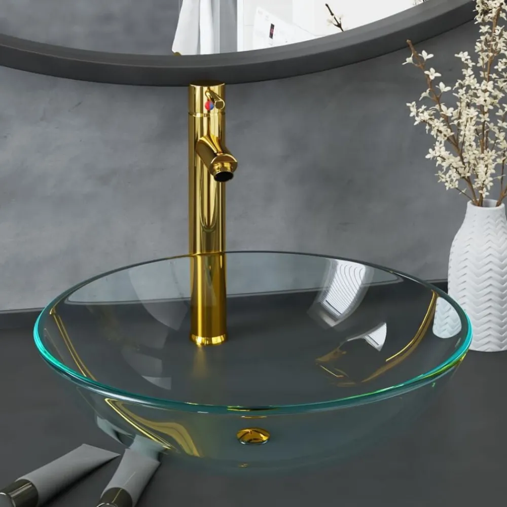 vidaXL Lavabo de bain avec robinet et drain à poussoir Verre trempé