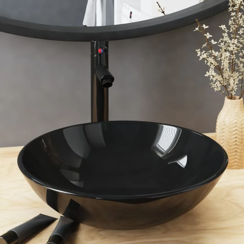Plomberie-vidaXL Lavabo de bain avec robinet et drain à poussoir Verre trempé
