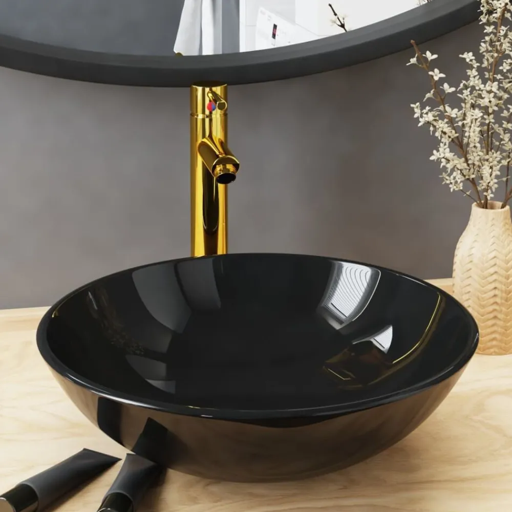 vidaXL Lavabo de bain avec robinet et drain à poussoir Verre trempé