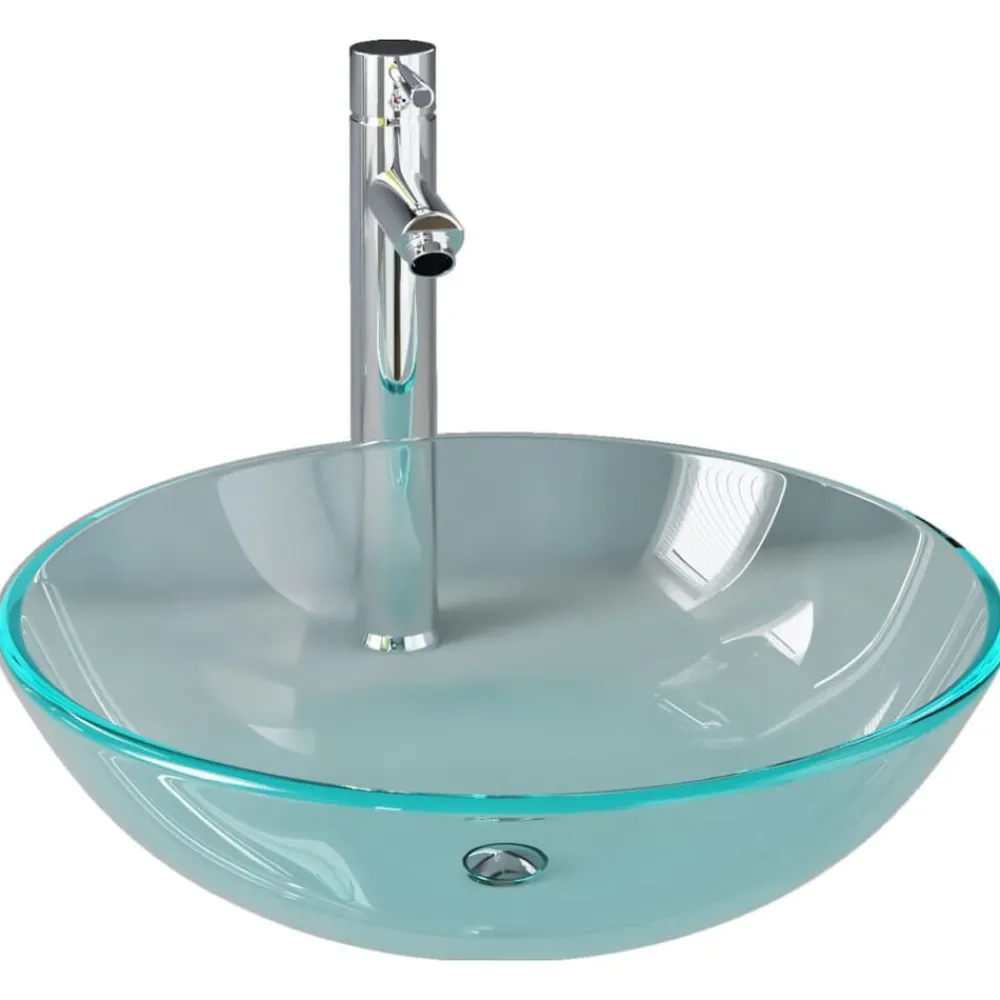 vidaXL Lavabo de bain avec robinet et drain à poussoir Verre trempé