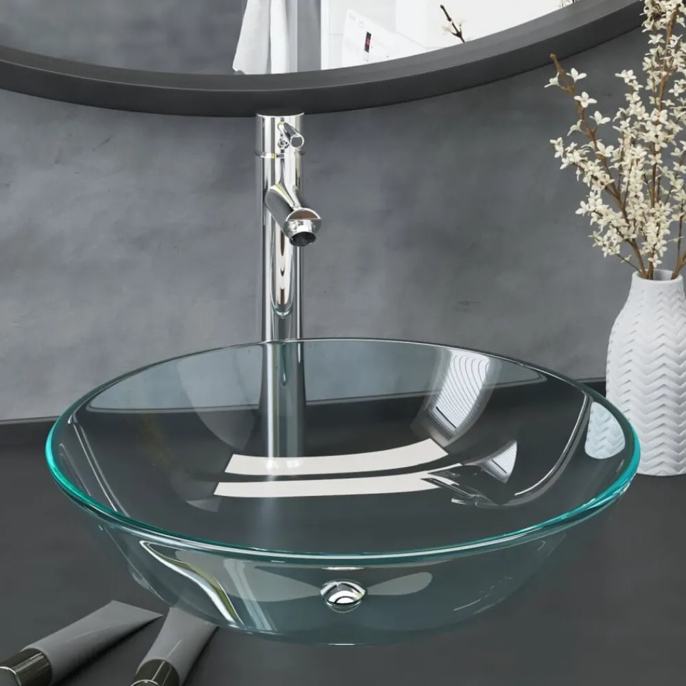 vidaXL Lavabo de bain avec robinet et drain à poussoir Verre trempé