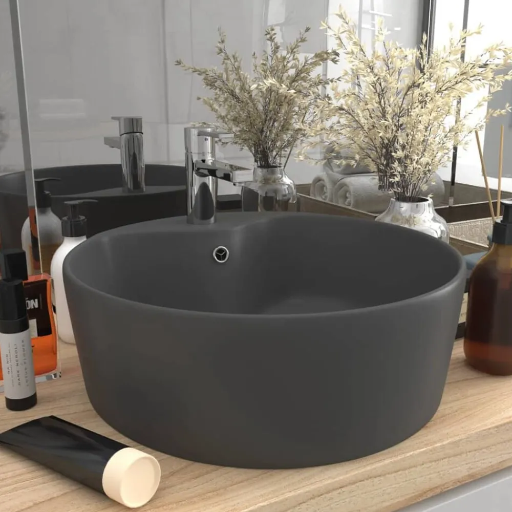 Plomberie-vidaXL Lavabo de luxe avec trop-plein 36x13cm Céramique gris foncé mat