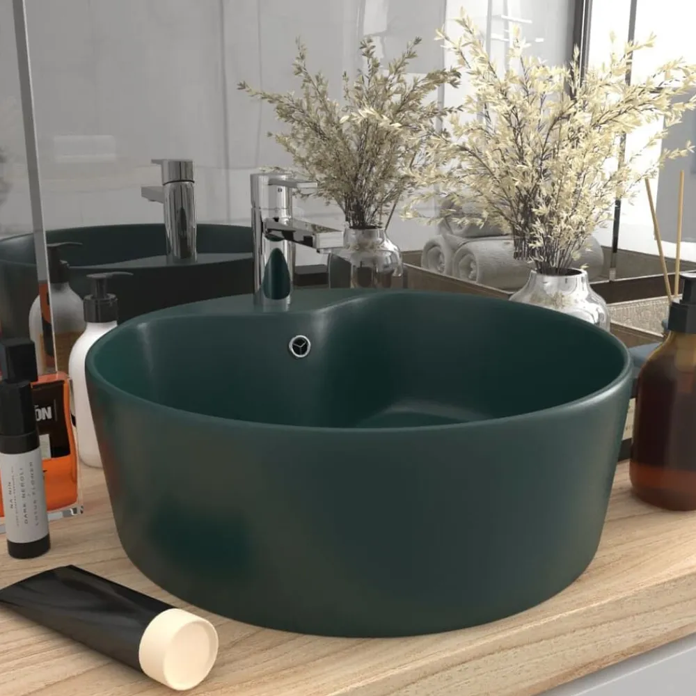 Plomberie-vidaXL Lavabo de luxe avec trop-plein 36x13cm Céramique vert foncé mat