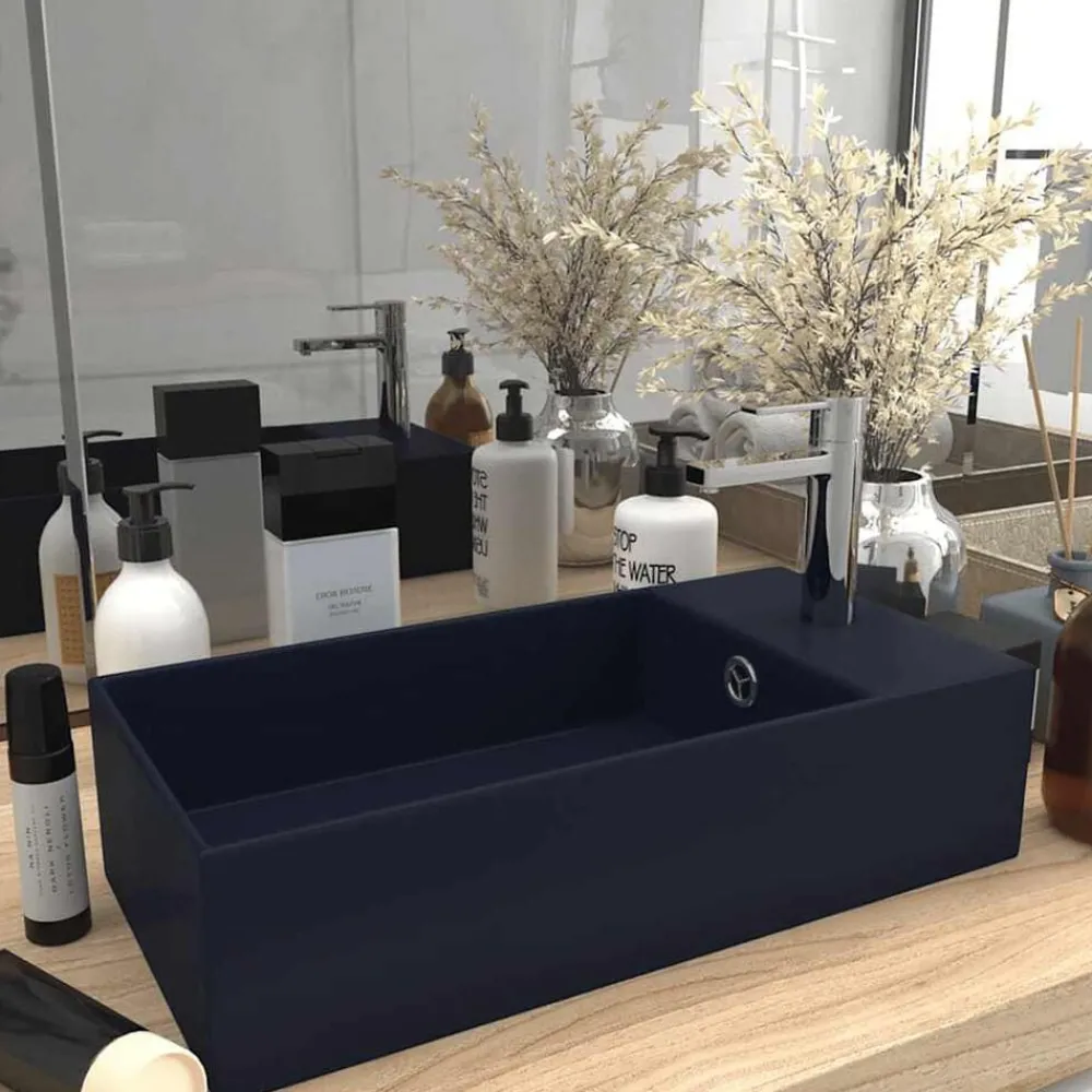 Plomberie-vidaXL Lavabo de salle de bain avec trop-plein Céramique Bleu foncé