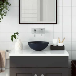 Plomberie-vidaXL Lavabo de salle de bain Céramique Rond Bleu foncé
