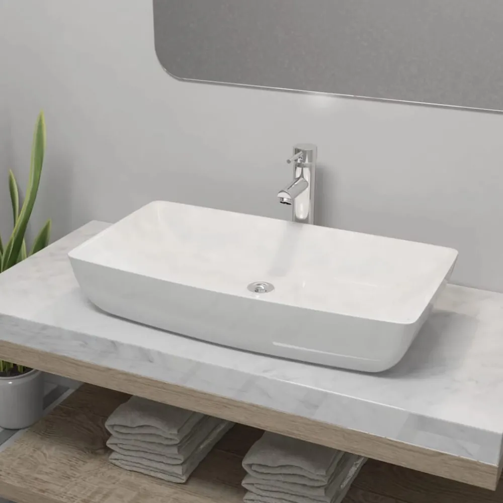vidaXL Lavabo et mitigeur Céramique Rectangulaire Blanc