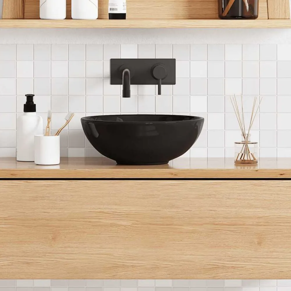 Plomberie-vidaXL Lavabo brillant Ø28x10 cm céramique Noir