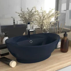 Plomberie-vidaXL Lavabo ovale à trop-plein 58,5x39 cm Céramique bleu foncé mat