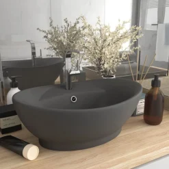 Plomberie-vidaXL Lavabo ovale à trop-plein 58,5x39 cm Céramique gris foncé mat