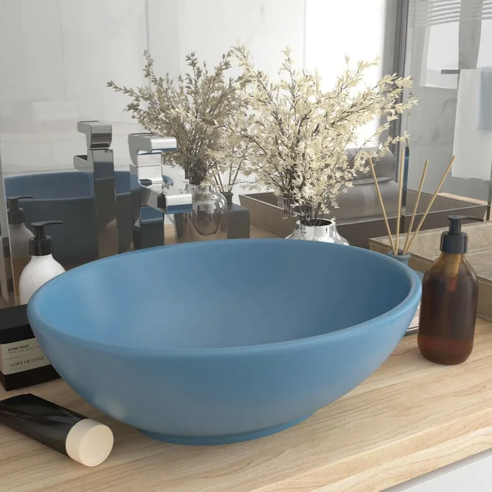 Plomberie-vidaXL Lavabo ovale de luxe 40x33 cm Céramique bleu clair mat