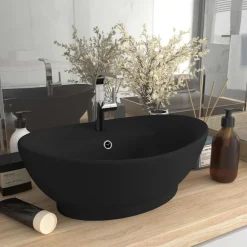 Plomberie-vidaXL Lavabo ovale de luxe à trop-plein 58,5x39 cm Céramique Noir mat