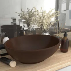 Plomberie-vidaXL Lavabo ovale de luxe 40x33 cm Céramique marron foncé mat