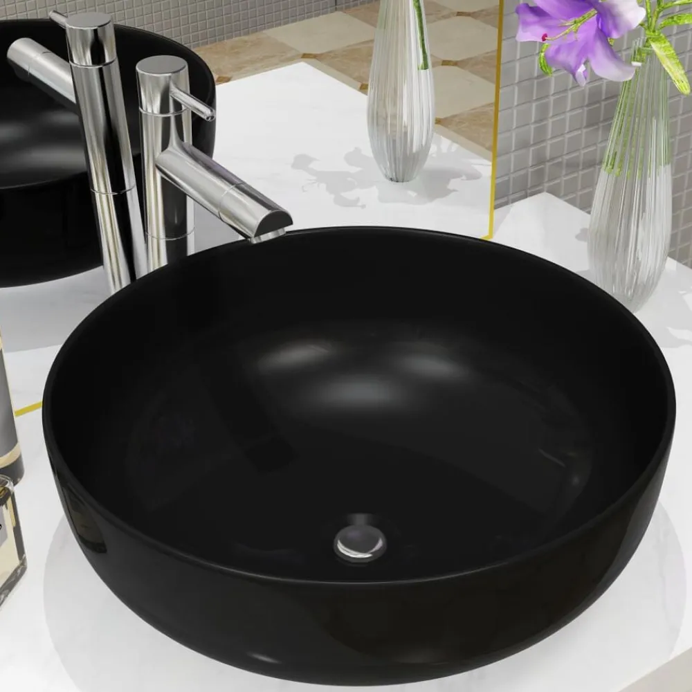 Plomberie-vidaXL Lavabo rond Céramique 41,5 x 13,5 cm Noir