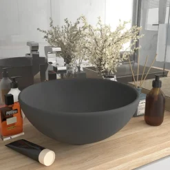 Plomberie-vidaXL Lavabo rond de luxe de salle 32,5x14cm Céramique gris foncé mat