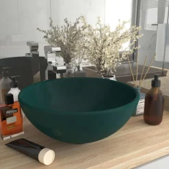 Plomberie-vidaXL Lavabo rond de salle de bain 32,5x14cm Céramique vert foncé mat