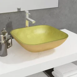 Plomberie-vidaXL Lavabo Verre 42x42x14 cm Doré
