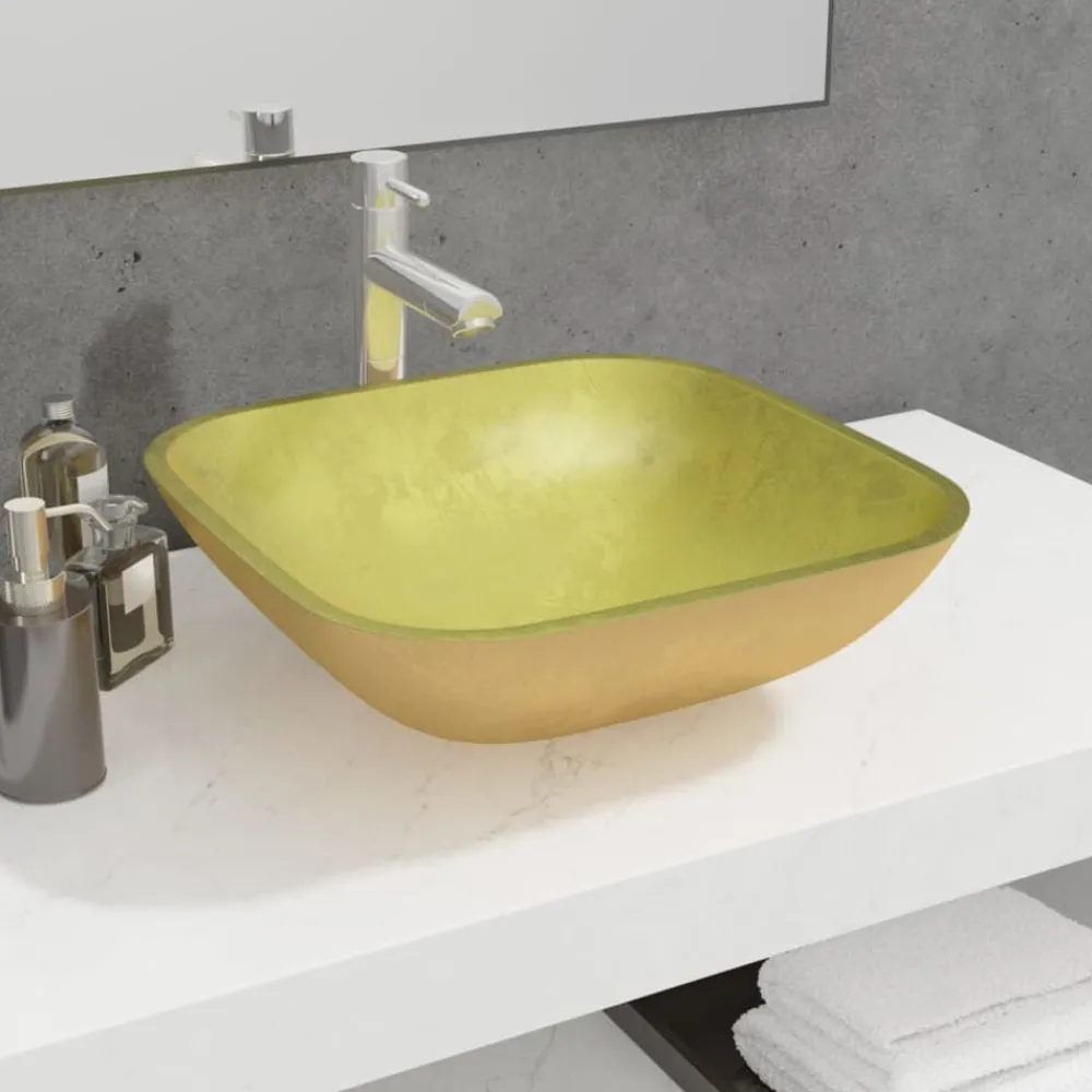 Plomberie-vidaXL Lavabo Verre 42x42x14 cm Doré