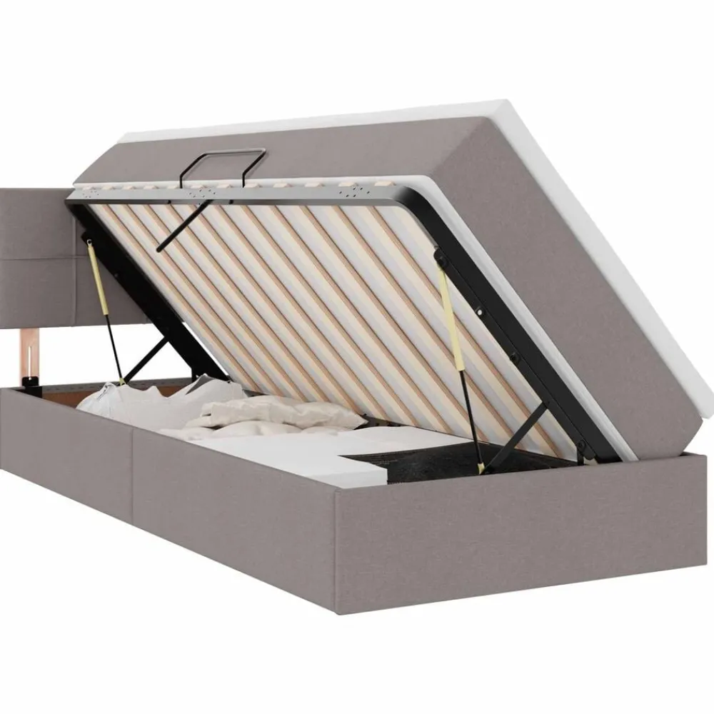 Lits & Accessoires-vidaXL Lit avec rangement et LED avec stockage 90 x 190 cm tissu Taupe