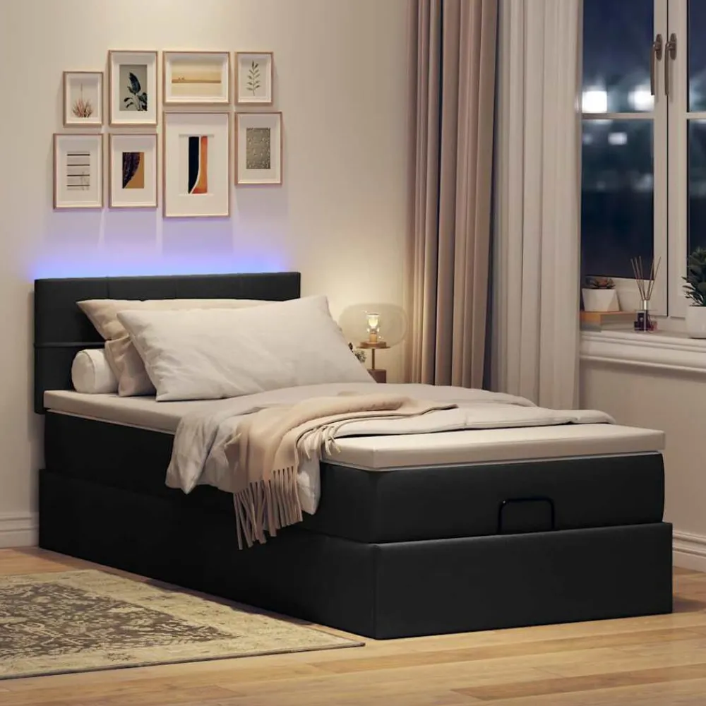 Lits & Accessoires-vidaXL Lit ottoman avec matelas et LED 80x200cm tissu Noir
