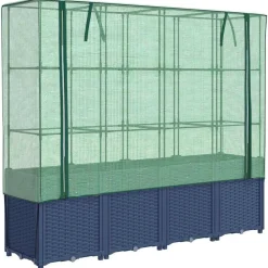 Pelouses & Jardins-vidaXL Lit surélevé avec housse de serre aspect rotin 160 x 40 x 153 cm Gris bleu