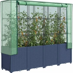 Pelouses & Jardins-vidaXL Lit surélevé avec housse de serre aspect rotin 160 x 40 x 153 cm Gris bleu