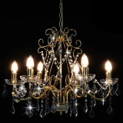 vidaXL Lustre avec perles de cristal Doré Rond 6 x E14